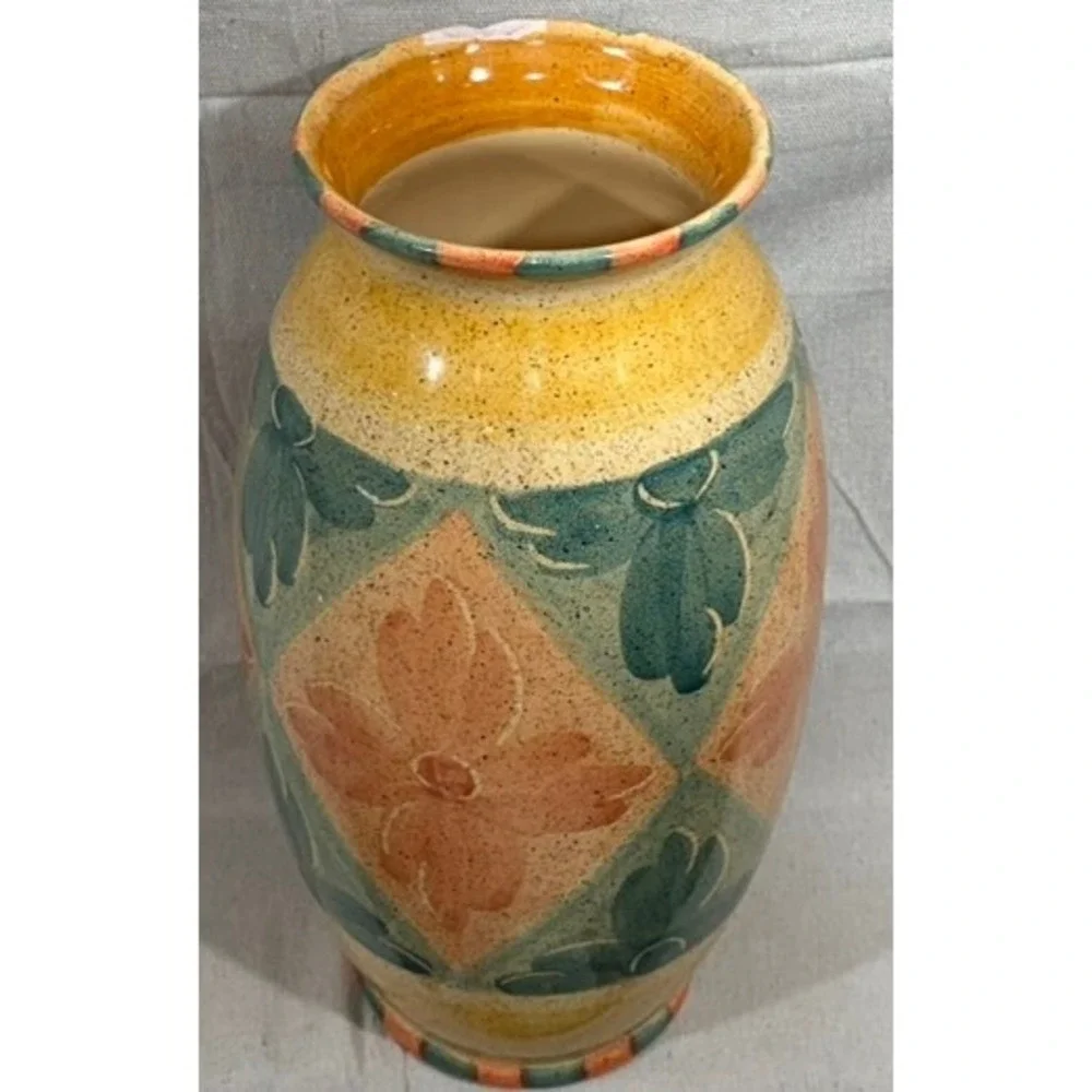 Horchow Italy Hand Painted Ceramic Vase Floral Geometric Art Pottery 14